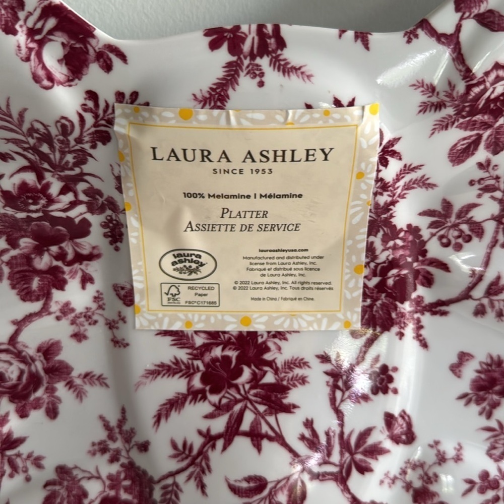 LAURA ASHLEY NWT Melamine Floral Bow Shaped Serving Platter Red Transferware - Picture 2 of 6